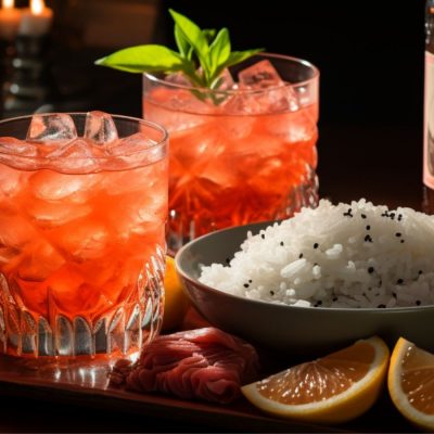 Close up of a pair of Sushi Rice Negroni cocktails next to a bowl of sushi rice in a moody ktichen setting