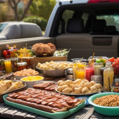 A tasty spread of food and drinks on the back of a pickup truck at a tailgate party