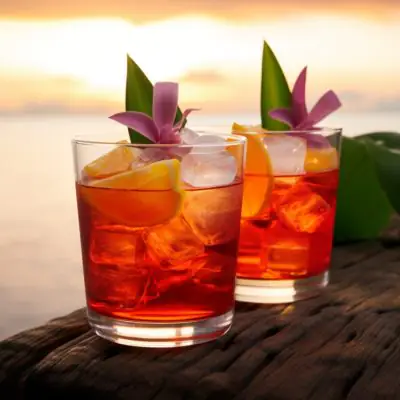 Two Jamaican Negronis served next to the ocean at sunset