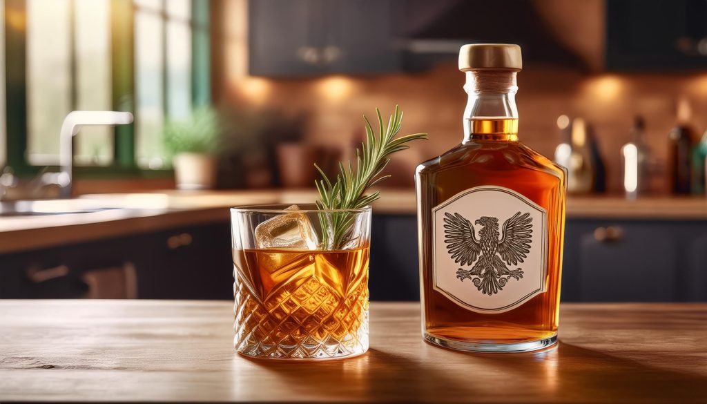 An Old Fashioned cocktail with rosemary garnish next to a bottle of Singe Malt whiskey