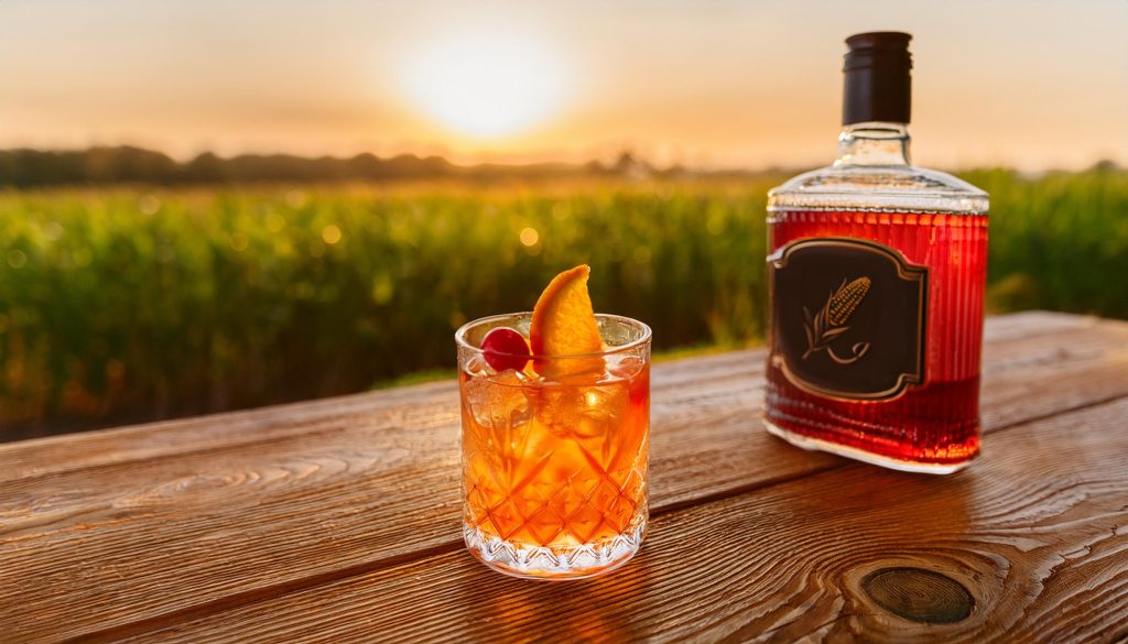 An Old Fashioned cocktail next to a bottle of Tennessee whiskey and cornfield in the background