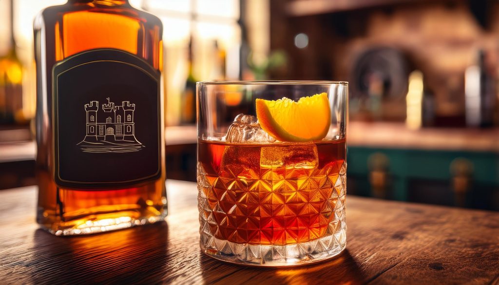 An Old Fashioned cocktail next to a bottle of Irish whiskey