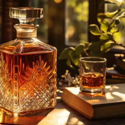 A decanter of whiskey next to a dictionary in a wood panelled home library in daytime