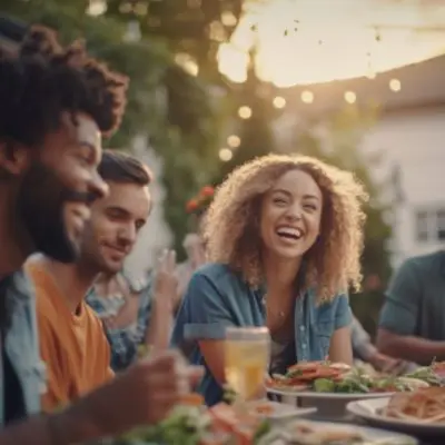 A group of fun-loving, smiling friends hanging ou t around a table in a festive backyard at a Labor Day Party