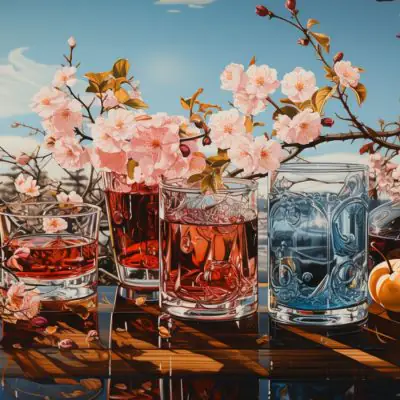 Japanese style wood block image of a collection of Shochu cocktails on a counter in an outdoor space with plenty of cherry blossoms around