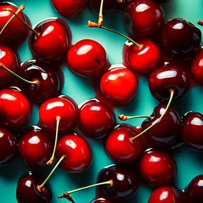 Top view of different cocktail cherries on a blue-green surface