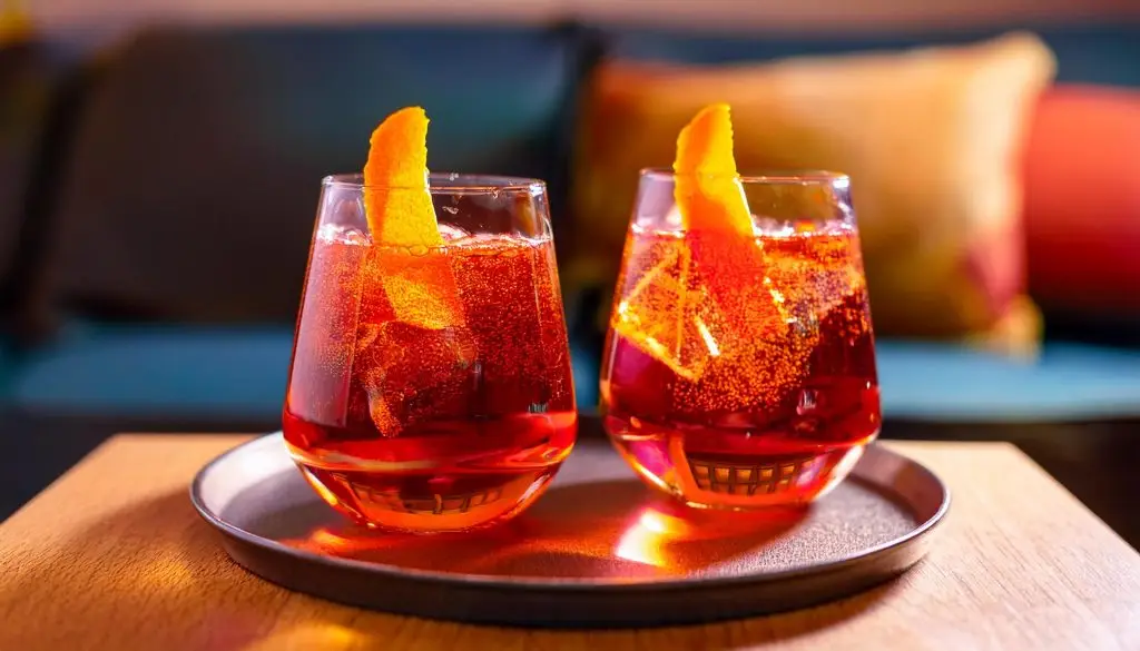 Two bright red Bicicletta cocktails with orange twist garnish