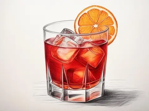 Color illustration of a Cardinale cocktail with orange wheel garnish