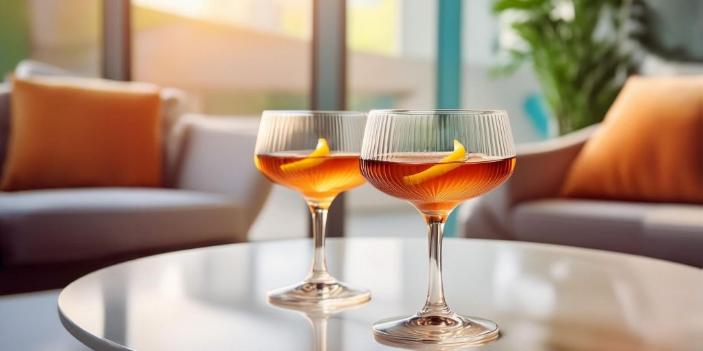 Two Vieux Carré cocktails in coupe glasses on a table in a light, bright modern lounge