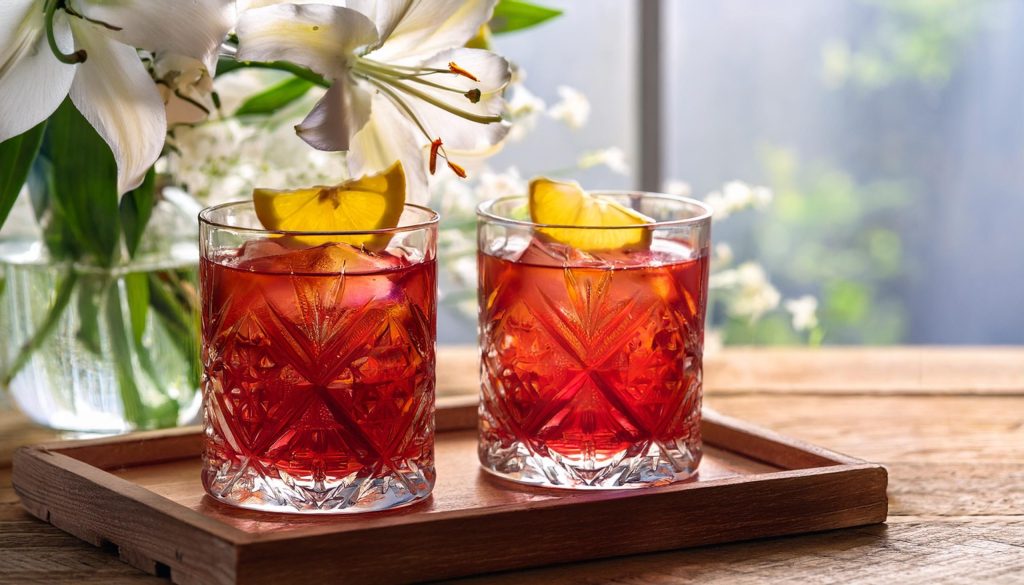 Two Dear Jane Negroni cocktails served by a window with a vase of white lilies in the background