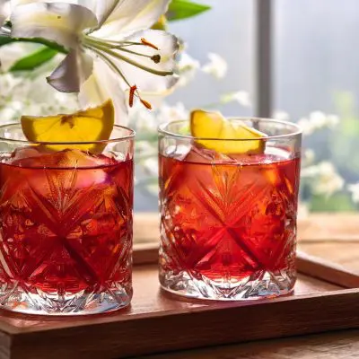 Two Dear Jane Negroni cocktails served by a window with a vase of white lilies in the background