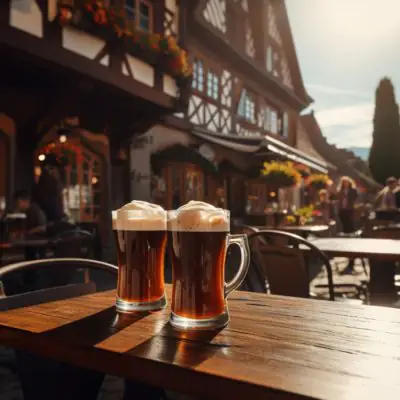 Two Bavarian Coffee cocktails on a table at an outdoor Bavarian Cafe in the daytime, sunny day, festive friends in the background, classic German architecture
