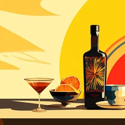 Color illustration of a bottle of coffee tequila next to a coffee tequila cocktail