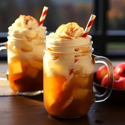 Two Apple Cider Floats in mason jar glasses on a table in a light, bright home kitchen