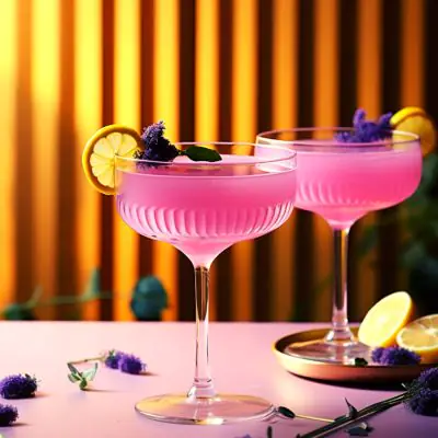 Two créme de violette cocktails against a yellow background