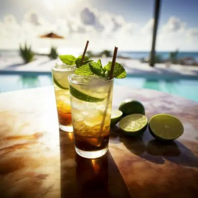 Two dark rum cocktails on a table outside next to a pool overlooking the ocean on a sunny day