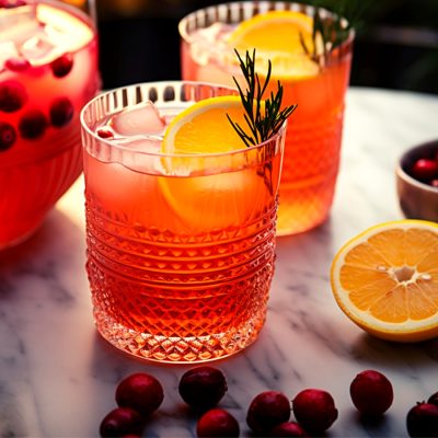 Two glasses of refreshing Holiday Punch on a kitchen counter in a light bright hom setting