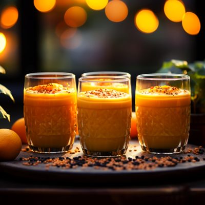 Three glasses of Pumpkin Smoothie on a tray in a room decorated for the festive season