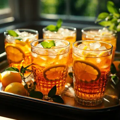 Glasses filled with Southern Sweet Tea, ice, mint and fresh lemon