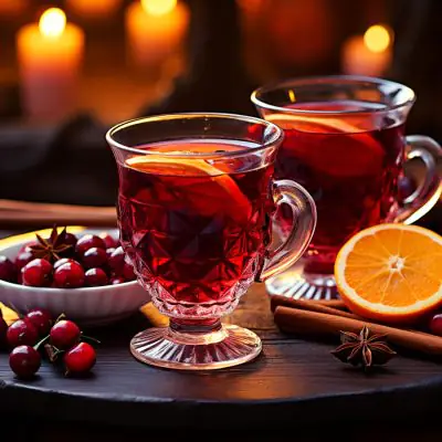 Two mugs of warm Cherry Punch with orange, cinnamon and cherry garnish, served in a Christmas setting