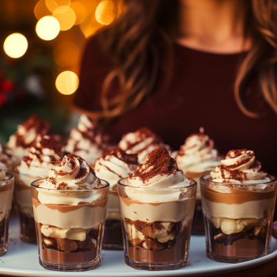 A woman holding a tray of boozy chocolate puddings in a festive setting