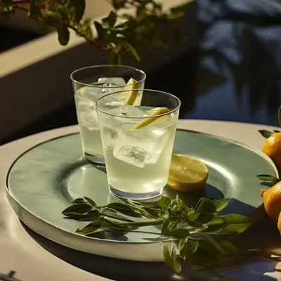 Editorial style image of two Clarified Margarita cocktails on a table in a light, bright minimalist courtyard in daytime