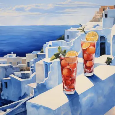 Illustration of two Greek cocktails on a white-washed wall overlooking a typical Mediterranean ocean scene