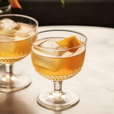 Two Penicillin cocktails on a table in a home lounge on a sunny day