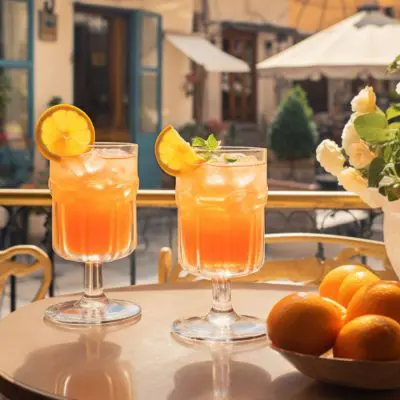 Editorial style image of two Orangina mocktails on a table outside of a quintessential French restaurant on a sunny day