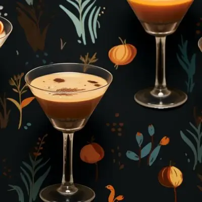 Flat vector-style illustration of chocolate liqueur cocktails on a dark floral backdrop