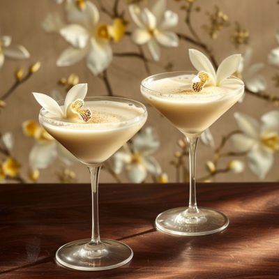 Close up image of two Vanilla Vodka cocktails on a dark wood table against a backdrop showing wall paper covered in vanilla orchid blooms