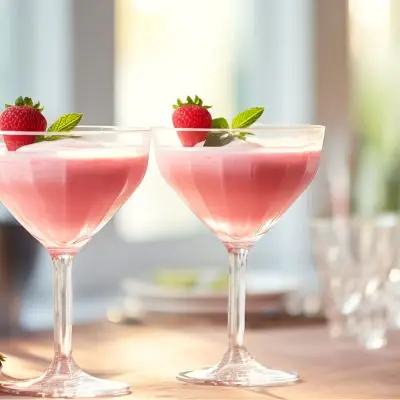 Two decadent Strawberry Shortcake Daiquiris in a bright kitchen setting