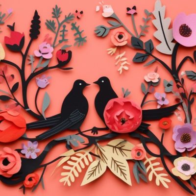 Cut paper illustration of two love birds on a flat pink plane surrounded by a variety of colorful flowers