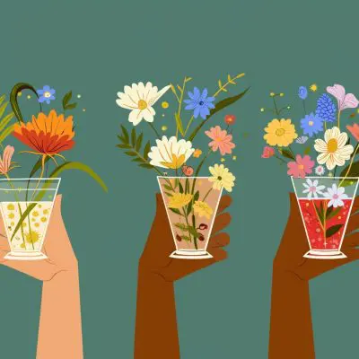 Vector illustration of hands in varying skin tones holding glasses filled with springtime flowers against a flat blue backdrop