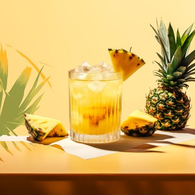 Photo collage image of a photo realistic pineapple tequila cocktail shown against a flat, illustrated backdrop featuring palm fronds and tropical imagery in shades of green and yellow