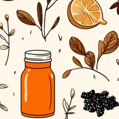 Hand drawn illustration of home made simple syrup in bottles against a light pink backdrop along with ingredients used in syrup making such as berries, citrus and star anise