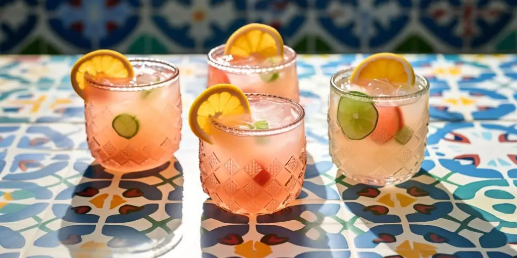 Close up of four Paloma cocktails in pretty rocks classes set on a table featuring a Mexican tile print in blue and other bright colors