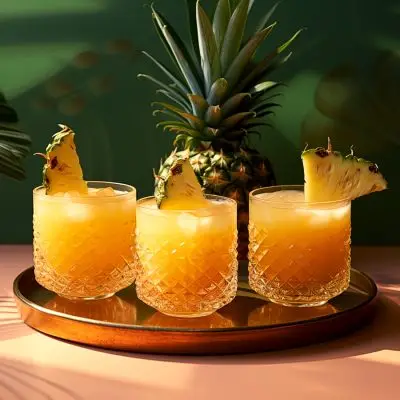 Three Pineapple Paloma variation cocktails on a golden tray with a pineapple in the background