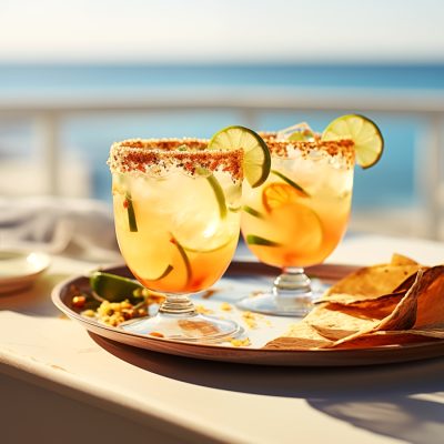 Two Spicy Paloma Cocktail variations served at a beach café