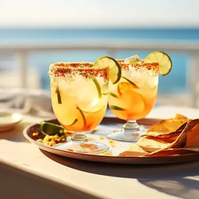 Two Spicy Paloma Cocktail variations served at a beach café