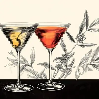 Classic color illustration of two vermouth cocktails, one Martini and one Manhattan, on a black and white background showing botanical illustrations of wormwood, a key ingredient in vermouth