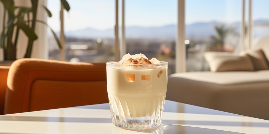 A glass of Brandy Milk Punch served on a table in a lounge