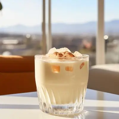 A glass of Brandy Milk Punch served on a table in a lounge