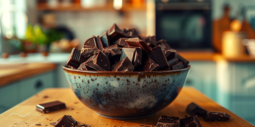 A bowl of dark chocolate on a kitchen counter