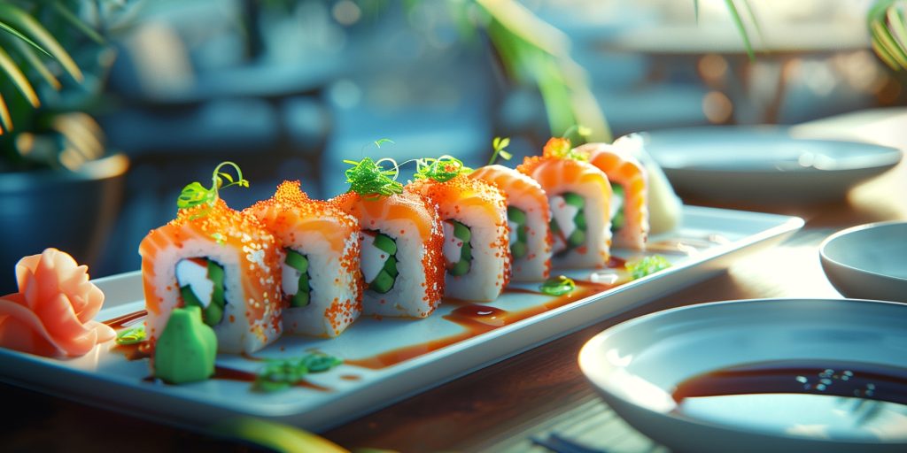 A plate of sushi with wasabi and soya sauce