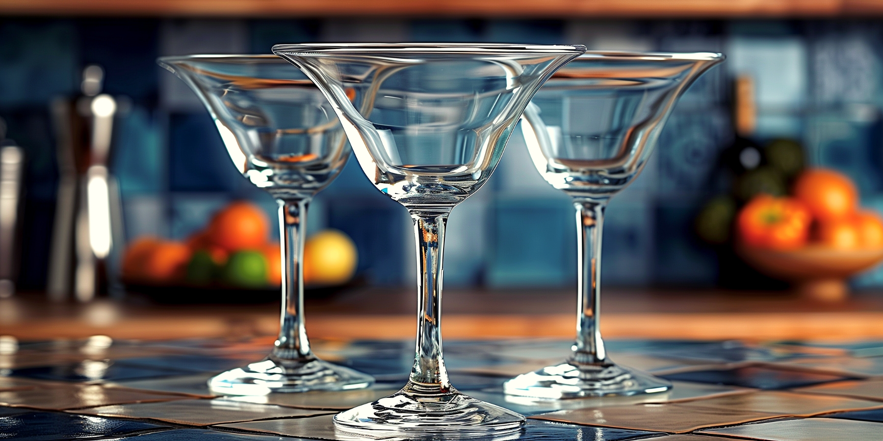 Three empty margarita glasses in a modern kitchen setting