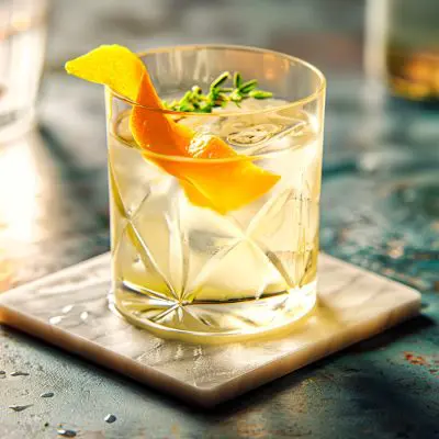 A White Negroni with an orange peel twist and fresh thyme garnish