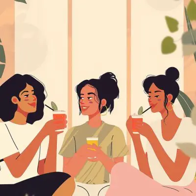 Vector illustration of three friends drinking mindfully in a tranquil room filled with lots of plants