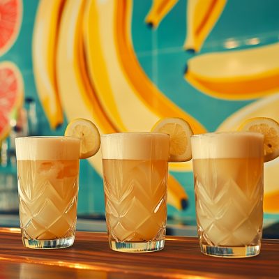 Three banana liqueur cocktails on a wooden bar counter in a sunny bar against a wall covered in wallpaper with big, bright bananas on it
