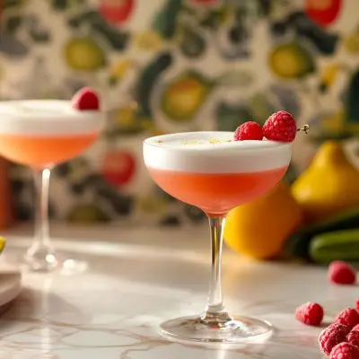 Two French Martini cocktails in coupe glasses surrounded by a variety of seasonal cocktail ingredients